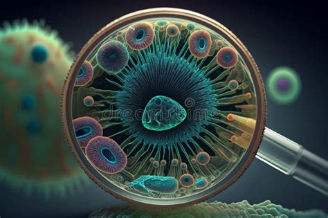 Macro Close Up Of Round Bacterium Under Microscope Medical Concept