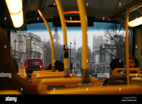 Inside View Of London Double Decker Bus Passengers Are Seating On