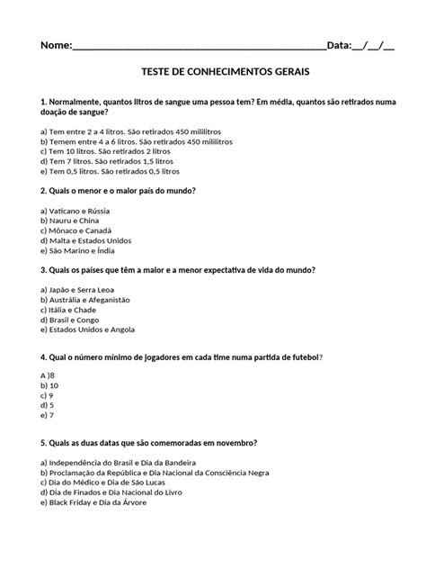 Provas De Conhecimentos Gerais - Teste de Conhecimentos Gerais: Questões e Respostas | PDF