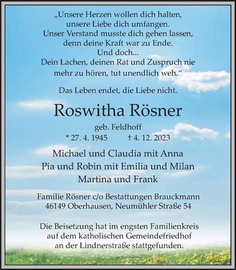 Traueranzeigen von Roswitha Rösner Trauer in NRW de