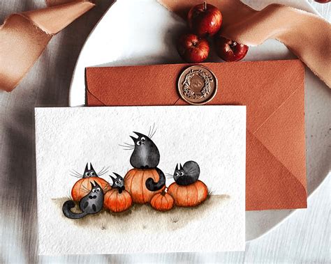 Halloween Black Cats, Cute Halloween Card, Watercolor Printable Postcard, Watercolor Halloween ...