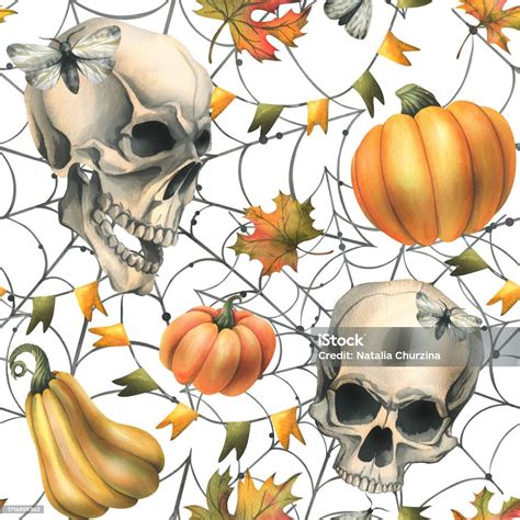 Human Skull With Orange Pumpkins Cobwebs Garlands Of Flags And Autumn Leaves Hand Drawn