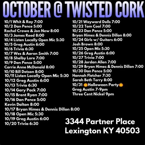 Menu at The Twisted Cork pub & bar, Lexington