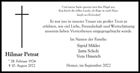 Traueranzeigen Von Hilmar Petrat Trauer In Nrw De