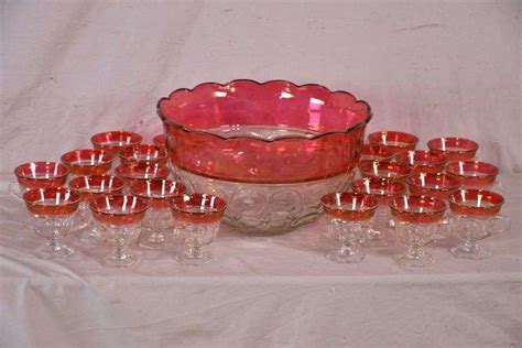 Clear And Cranberry Glass Punch Bowl With Cups R H Lee