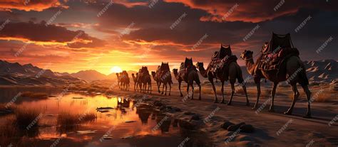 Premium Photo | Camel caravan in the desert at sunset