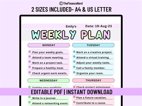 Editable Weekly Planner Printable Weekly Planner Digital - Etsy