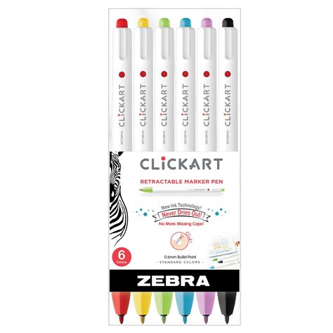 Zebra Click Art Retractable Marker Pen Fine Point Assorted Colors 6 Ct