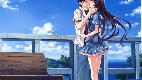 Download Romantic Anime Couple Kiss By The Sea Wallpaper