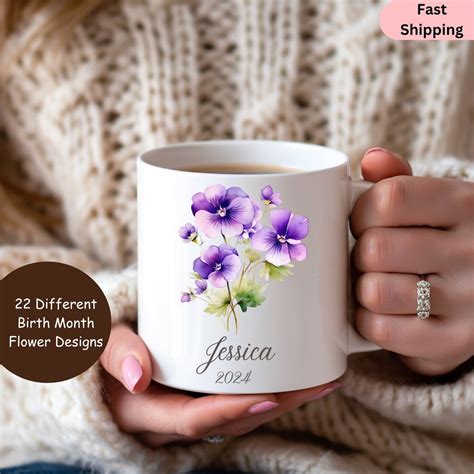 Personalized Birth Month Flower Mug February Violets Mothers Day