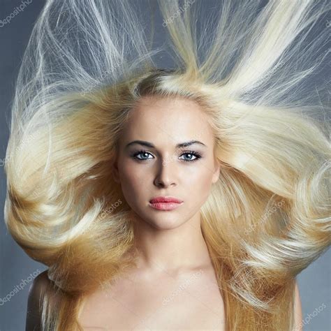 Young Beautiful Woman Sexy Blond Girl Beauty Salon Haircare Flying