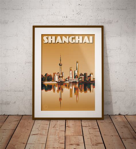 Vintage Poster Shanghai - Shanghai Skyline - Waterfront - Mustard ...