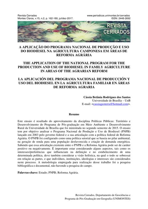 Pdf A Aplicação Do Programa Nacional De Produção E Uso Do Biodiesel