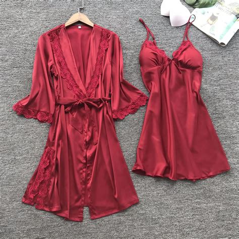 2 St Ck Leepwear Frauen Pyjama Set Satin Heim Pyjamama Spitzen Robe