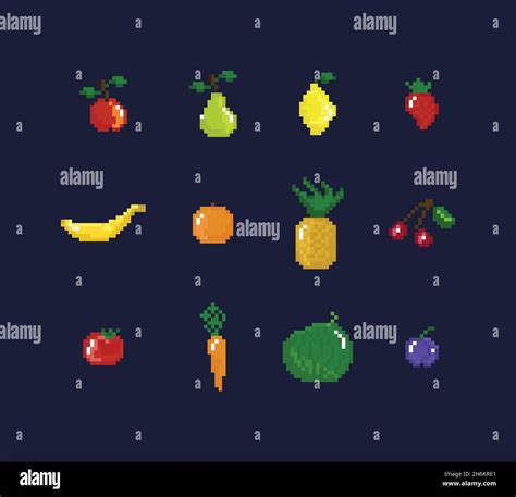 Vector Pixel Art Illustration Set Retro Style Fruits Vegetables And