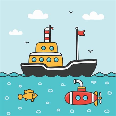 Premium Vector Submarine With A Ship Doodle Illustration