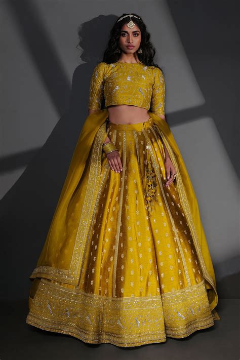 Buy Yellow Lehenga Pure Katan Silk Handwoven And Zari Bridal Set For