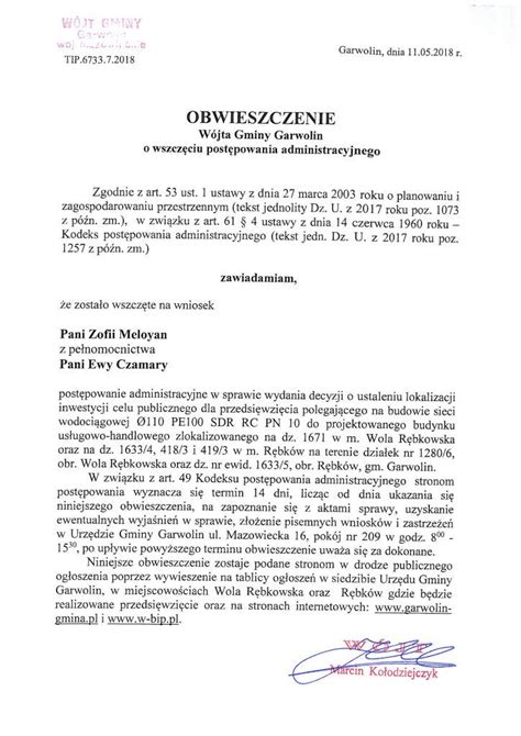 Obwieszczenie Wójta Gminy Garwolin o wszczęciu postępowania