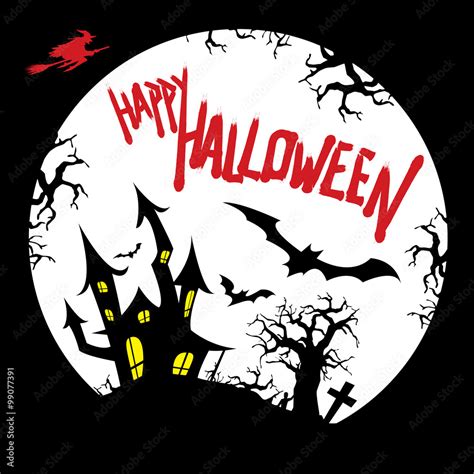 Happy Halloween Card Design With Haunted House Graveyard Bats Dead Tree Flying Witch And