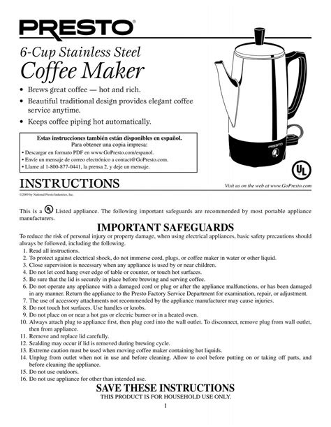 Presto Cup Stainless Steel Coffee Maker Instruction Manual