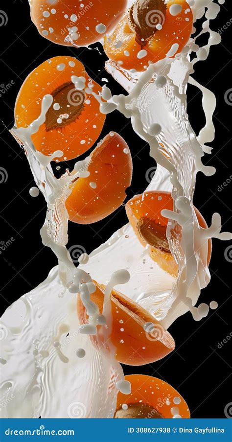 Peaches Falling Into The Milk With Splashes On A White Backgroundpng