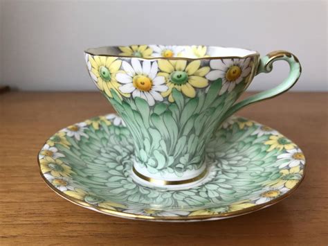 Aynsley Daisy Teacup And Saucer Green Floral Tea Cup And Saucer Rare