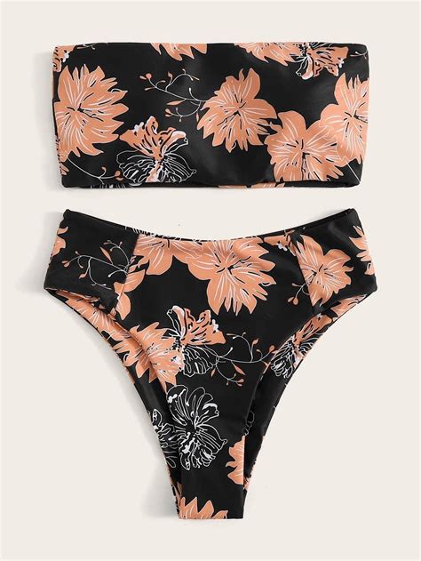 Black Floral Bandeau Swimsuit With High Waist Bikini Bottom Bikinis