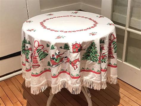 Vintage Christmas Tablecloth With Fringe Round Christmas Etsy