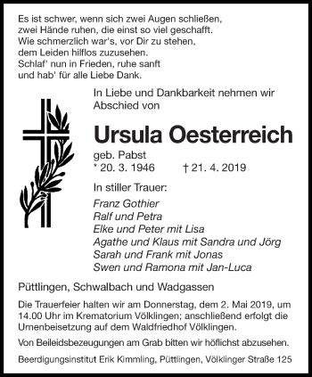 Traueranzeigen Von Ursula Oesterreich Saarbruecker Zeitung Trauer De