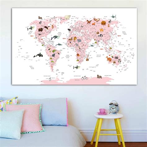 Canvas Pink World Map Kids Decor Nursery - Etsy