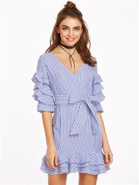 Shop Blue And White Striped Surplice Front Belted Ruffle Dress Online