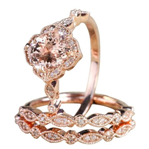 2 25 Carat Real Morganite Diamond Trio Bridal Ring Set 1 Engagement Ring 2 Wedding Bands