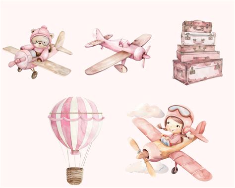 Aeroplane Clipart Hot Air Balloon Baby Shower Clipart First Birthday Clipart Nursery Art Pink