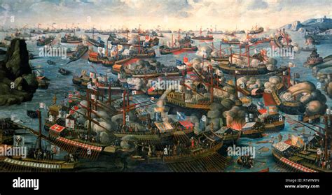 The Battle of Lepanto from 7 October 1571, a naval engagement between allied Christian forces ...