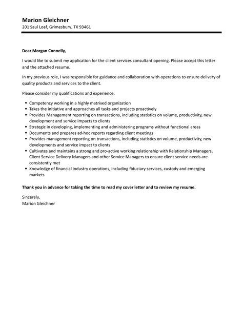 Client Services Consultant Cover Letter Velvet Jobs