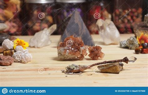 Meditation Altar With Rock Crystals And Flowers Jars Of Herbs In