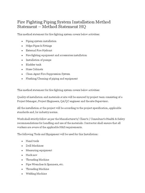 Fire Fighting Piping System Installation Method Statement Pdf Pipe