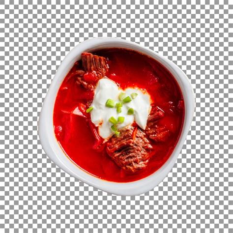 Uma Tigela De Sopa Vermelha Carne E Um Molho Branco Em Fundo