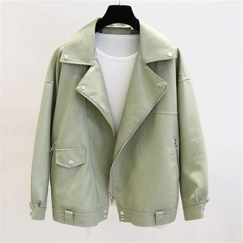 Ailegogo Spring Women Faux Leather Pu Jacket Loose Bf Coat Female