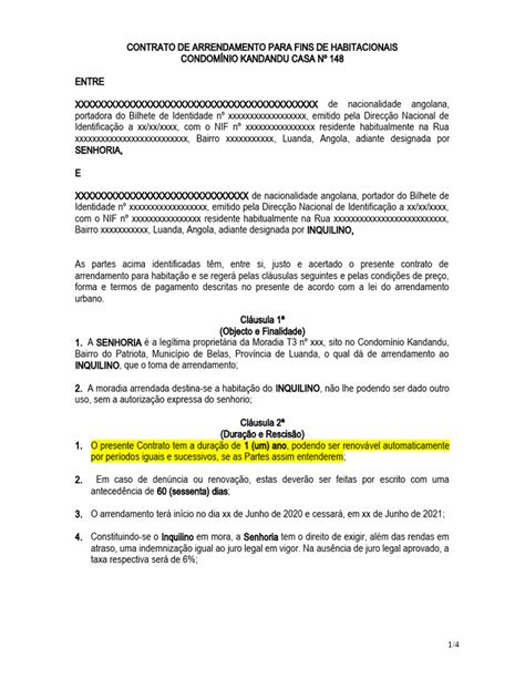 Minuta Contrato De Arrendamento Angola Pdf Proprietário Leasing