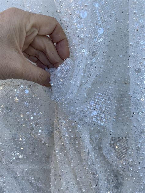 White Glitter Tulle Beaded Lace Fabric For Bridal Gown Wedding Dress