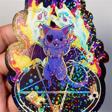 Summoning Demons Witch Cat Holographic Sparkle Vinyl Sticker Etsy Uk