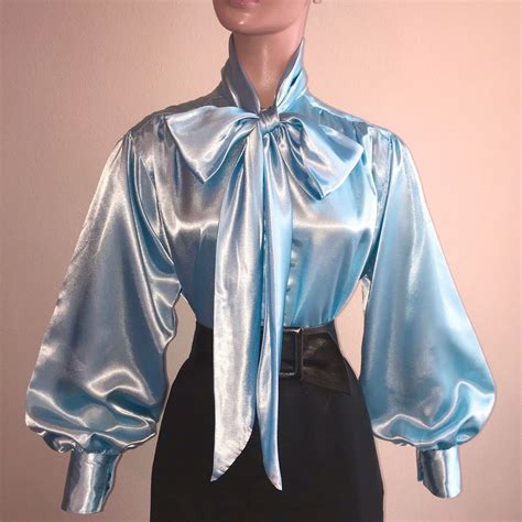 Light Blue Shiny Liquid Satin Vtg St Bow Blouse High Neck Shirt S M L