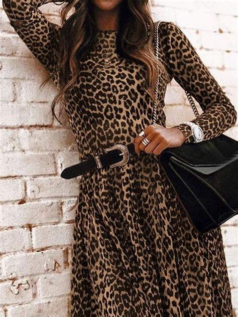 Women Maxi Dresses Women S Dresses Retro Leopard Print Round Neck Long