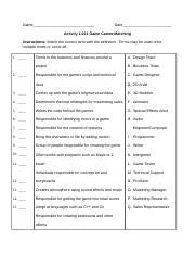 Game Career Matching Docx Name Date Activity Game Career