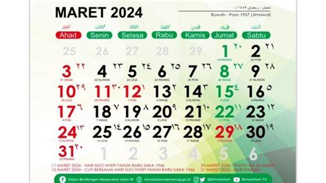 Penanggalan Islam Bulan Maret Berdasarkan Kalender 2024, Berawal 20 Syaban - 20 Ramadhan 1445 H ...