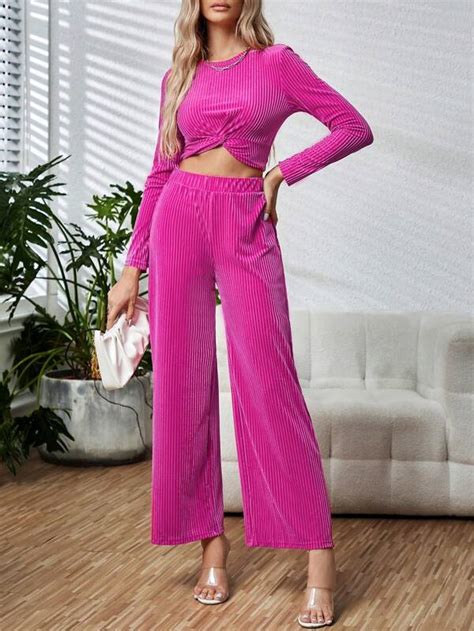 Solid Crop Tee Wide Leg Pants Shein Usa