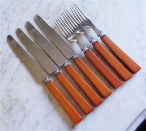 Landers Stainless Butterscotch Bakelite Handle Dinner Knives