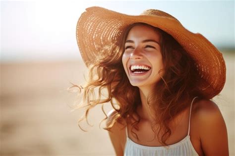 Premium Photo Woman Wearing Straw Hat Laughing On Beach Perfect For Travel And Vacation Themes