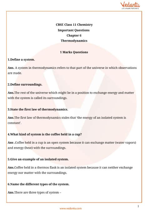 Important Questions For Cbse Class 11 Chemistry Chapter 6 Thermodynamics